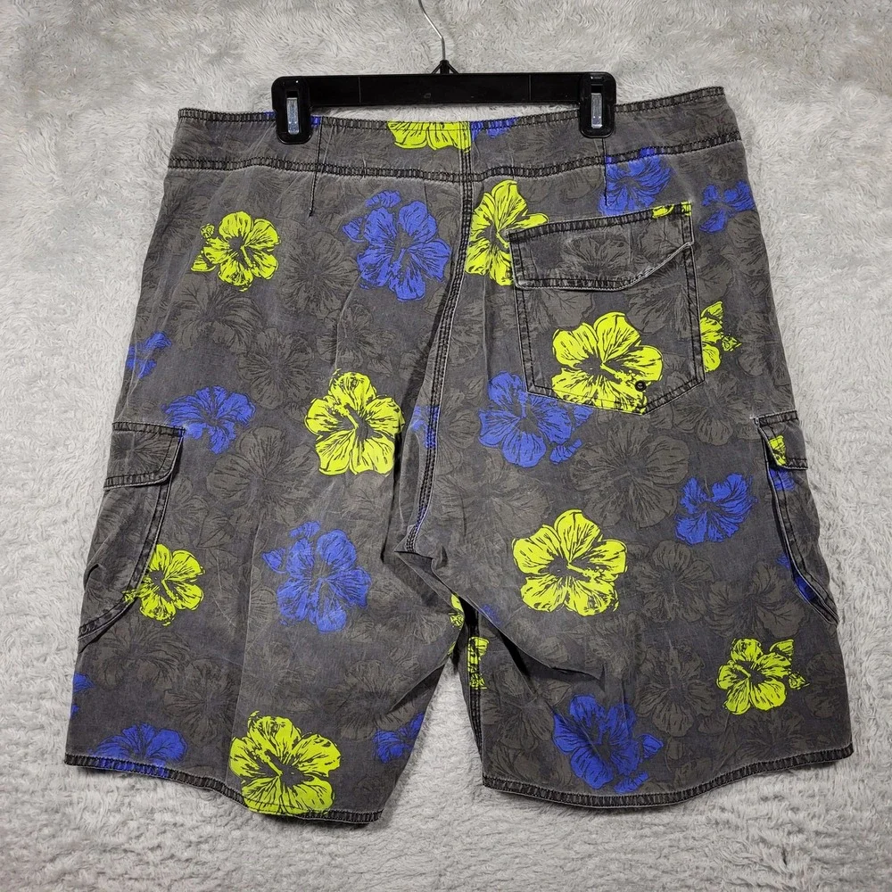 Palmwave Board Shorts Mens 38 Gray Floral Cargo Pockets‎ Swim Trunks